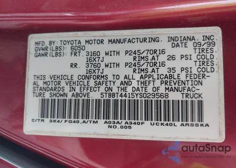 2000 Toyota Tundra Sr5 V8 z USA, uszkodzony, nr VIN 5TBBT4415YS029568